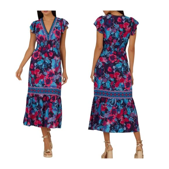 Adrianna Papell Dresses & Skirts - Adrianna Papell Boho Floral‎ Multi Midi Dress Sz14 Smocked Waist Flutter Sleeve